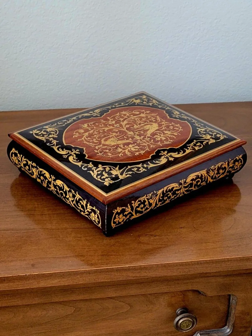 Vintage Italian Marquetry Reuge Swiss Music Jewelry Box Inlaid Wood AS-IS NR